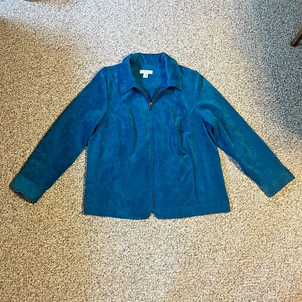 CJ Banks Womens Corduroy Jacket Plus Size 1X Teal Blue Zip Pockets Office Casual